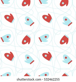 Winter pattern with red and blue mittens. Vector seamless pattern.
