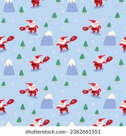 Patrón invernal con Santa Claus Snowboard entre las montañas. Fondo de Navidad. Ideal para papel pintado, fondo, empaque, tela, libro de recortes.