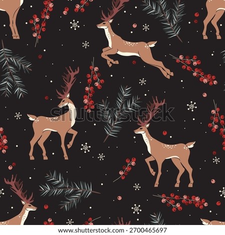 Winter pattern. Seamless background with deers, snowflakes, herbs. Celebration design for paper, cover, fabric, interior decor.