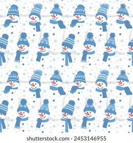 Winter Pattern. Seamless background with snowmen, snoflakes. Cute snowmen in blue winter hats and scarves. Christmas background. Vector illustration