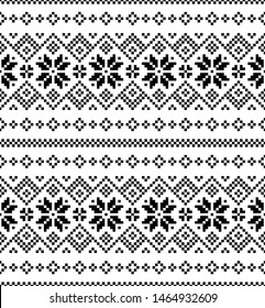 Winter pattern. Seamless black and white Christmas and New Year ornament pixel pattern. Horizontal stripes with decorative snowflake elements. Nordic motif.