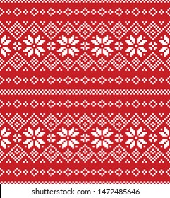 Winter pattern. Seamless pixel pattern in red and white for wrapping, packaging, textile prints etc. Nordic snowflakes elements.