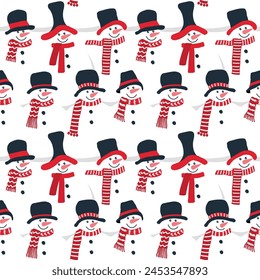 Winter pattern. Seamless print with cute snowmen. Different snowmen in black hats and red scarves. Christmas background. Crowd of snowmen. Vector illustration