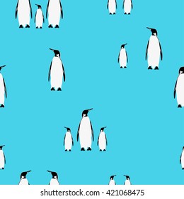 Winter pattern. Seamless texture with adults and little penguins on a blue background