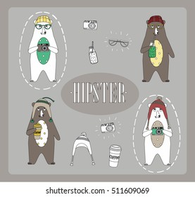 winter pattern set hipster white and brown bears with hat glasses  camera coffees and smoothies