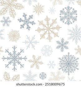 Wintermuster mit Schneeflocken in Silber und Gold auf transparentem Hintergrund Einfaches, nahtloses Weihnachtsmuster mit geometrischem Motiv Neujahrsvektor-Ornament Designbahn, Umhüllung, Tapete, Bezug, Textil