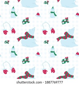 Winter pattern with sitting polar bear, snowman, mittens and gifts surrounded by snowflakes on a white background