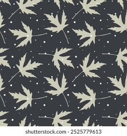 Winter pattern. Snowflakes and beige winter leaves pattern on dark gray background. Cold night sky.