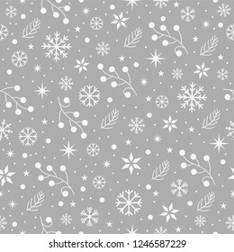 Winter pattern with snowflakes, branches, stars and snow