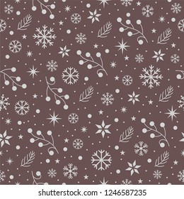 Winter pattern with snowflakes, branches, stars and snow