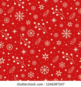 Winter pattern with snowflakes, branches, stars and snow