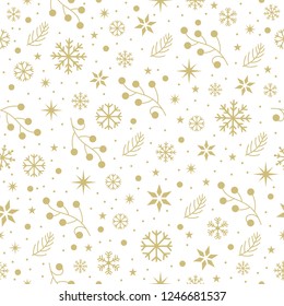 Winter pattern with snowflakes, branches, stars and snow on white background
