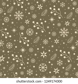 Winter pattern with snowflakes, branches, stars and snow