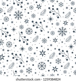 Winter pattern with snowflakes, branches, stars and snow on white background