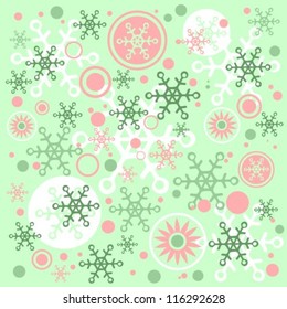 Winter pattern with snowflakes on a green background.
