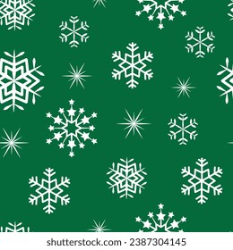 winter pattern with snowflakes on a green background, vector graphics