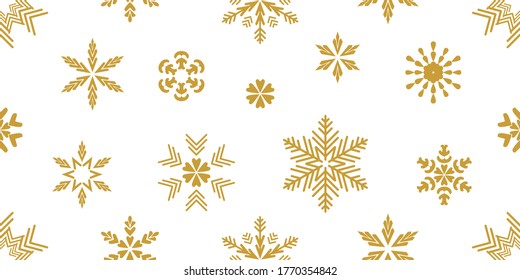 Winter pattern with snowflakes. Seamless vector pattern with geometric motifs. Template for gifts, cards, flyers. Golden on white.