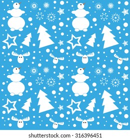 winter pattern with snowflakes, snowman and elk. Christmas and New Year funny ornament.