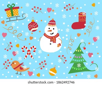 Wintermuster mit Schneeflocken und Schneemännern. Bullfinch, Weihnachtsbaum, Weihnachtsspielzeug auf blauem Hintergrund. Vektornahtloses Muster. kann zum Verpacken von Papier verwendet werden.