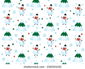 Winter pattern with snowflakes and snowmen. Winter Christmas trees and Snowman on white background. Vector Seamless pattern. can be used for wrapping paper.