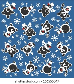 Winter pattern with snowflakes and snowmen on a blue background.