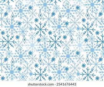 Winter pattern with snowflakes, vector seamless background with blue snowflakes. It is suitable for decorating the New Year and Merry Christmas.