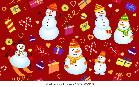 Winter pattern with snowmen, gifts and confetti. Family Snowman on dark red background. Vector Seamless pattern. can be used for Christmas cards or wrapping paper.