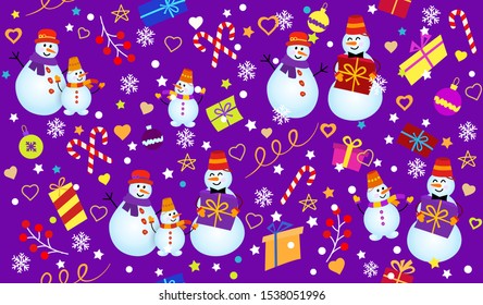 Winter pattern with snowmen, snowflakes and gifts. Family Snowman on dark purple background. Vector Seamless pattern. can be used for Christmas cards or wrapping paper.