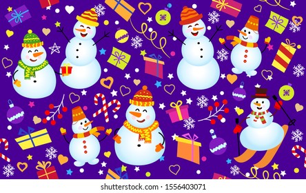 Winter pattern with snowmen, snowflakes and gifts. Family Snowman on dark blue background. Vector Seamless pattern. can be used for Christmas cards or wrapping paper.