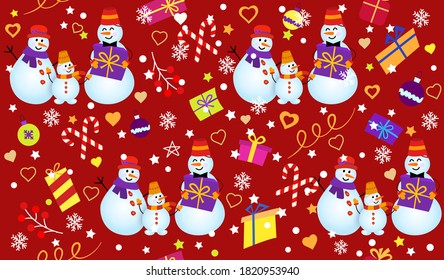Patrón invernal con hombres de nieve, copos de nieve y regalos. La familia Snowman con un fondo rojo oscuro. Patrón sin vectores. puede utilizarse para tarjetas de Navidad o papel de envoltura.