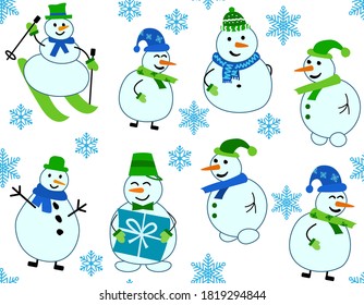 Winter pattern with snowmen and snowflakes. Snowman on skis and with gift on white background. Vector Seamless pattern. can be used for Christmas cards or wrapping paper.