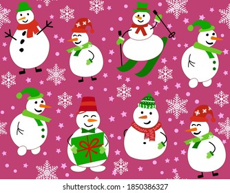 Winter pattern with snowmen and snowflakes. Snowman on skis and with gift on red background. Vector Seamless pattern. can be used for Christmas cards or wrapping paper.