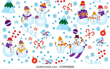 Winter pattern with snowmen, tree and gifts. Snowman on ski in winter forest on white background. Vector Seamless pattern. 