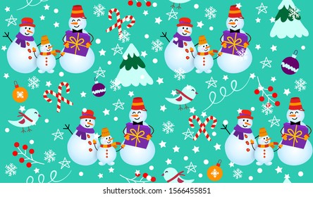 Winter pattern with snowmen, tree and gifts. Family Snowman on green background. Vector Seamless pattern. can be used for Christmas cards or wrapping paper.