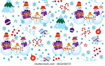 Winter pattern with snowmen, tree and gifts. Family Snowman in the winter forest isolated  on white background. Vector Seamless pattern. 