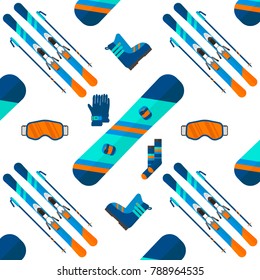 Winter pattern with sport icons collection. Skiing and snowboarding set on white background in flat style design. Elements for ski resort picture, mountain activities, vector illustration.