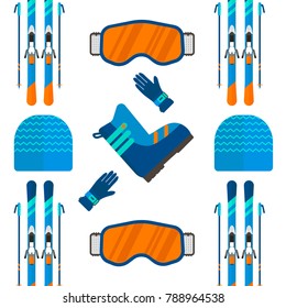 Winter pattern with sport icons collection. Skiing and snowboarding set on white background in flat style design. Elements for ski resort picture, mountain activities, vector illustration.