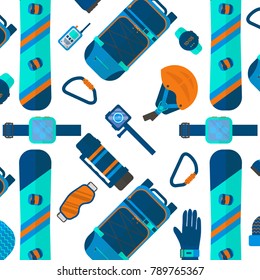 Winter pattern with sport icons collection. Skiing and snowboarding set on white background in flat style design. Elements for ski resort picture, mountain activities, vector illustration.
