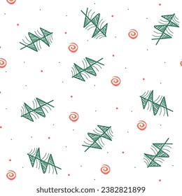 winter pattern in theme of merry christmas with decorations, white and red candies, red and green dots and christmas tree 