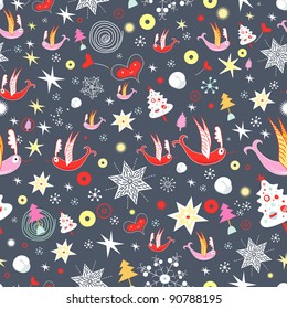 winter pattern with trees and birds