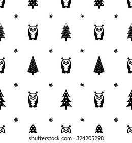 Winter pattern - varied Xmas trees, owls and snowflakes. Black and white simple seamless Happy New Year background. Vector design for winter holidays. Child drawing style winter forest.