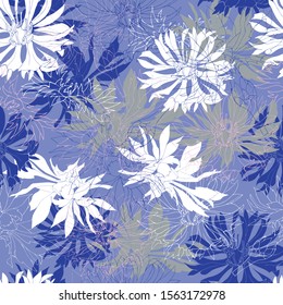 Winter pattern with white cornflowers on a blue background. Endless vector illustration for fabric, tile, paper.