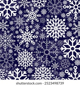 Winter pattern with white snowflakes on a dark blue background. Web design, cover, packaging, textile, wallpaper, surface.