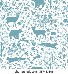 Winter pattern with wild animals.Hand drawing. Seamless pattern for fabric, paper and other printing and web projects.