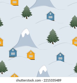 winter pattern yellow and blue house on the background of the mountain
