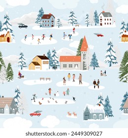 Patrón de invierno, fondo de Navidades, Winter país de las maravillas de la ciudad con el árbol de pino, casa linda, gente jugando patín de hielo, diseño de Vector celebración familiar en la aldea en la víspera del año Nuevo, Festiva de Navidad 2025