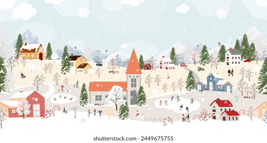 Patrón de invierno, fondo de Navidades, Winter país de las maravillas de la ciudad con el árbol de pino, casa linda, gente jugando patín de hielo, diseño de Vector celebración familiar en la aldea en la víspera del año Nuevo, Festiva de Navidad 2025	
