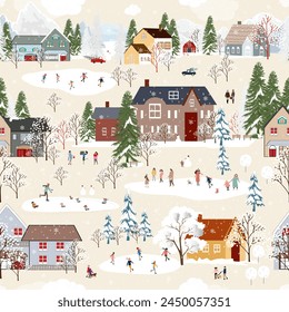 Winter Pattern,Christmas background,Winter wonderland landscape city with pine tree,cute house,people playing ice skate,Vector design Family celebration in village on New Year Eve,Xmas Holiday 2025