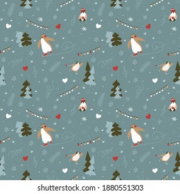 Winter patterns with funny penguins, ice cream and snowflakes. Seamless vector pattern on a blue background.
