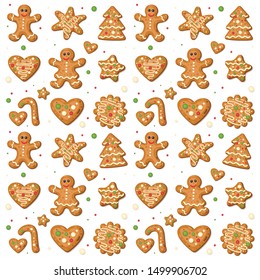 Winter Patterns with Gingerbread Cookies on White Background. Holiday Vector Background. Christmas and New Year Illustration for Wallpapers, Fabrics, Wrapping paper etc, Greeting Cards.